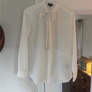 White Button-Up Blouse with Scarf Tie